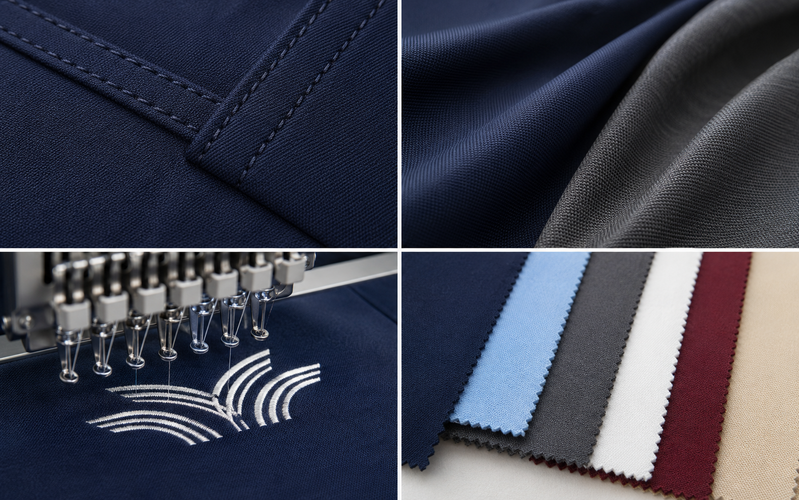 Close-up views of uniform fabric, stitching, embroidery and colour quality