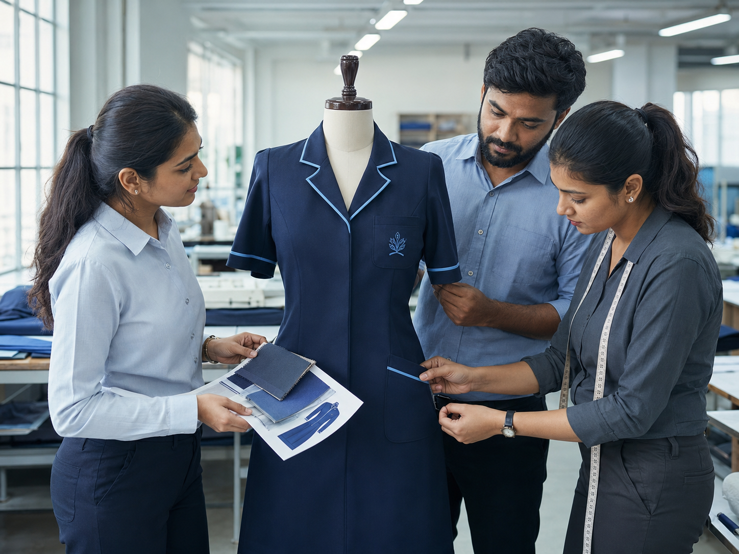 Uniform design, production and quality team reviewing an institutional garment
